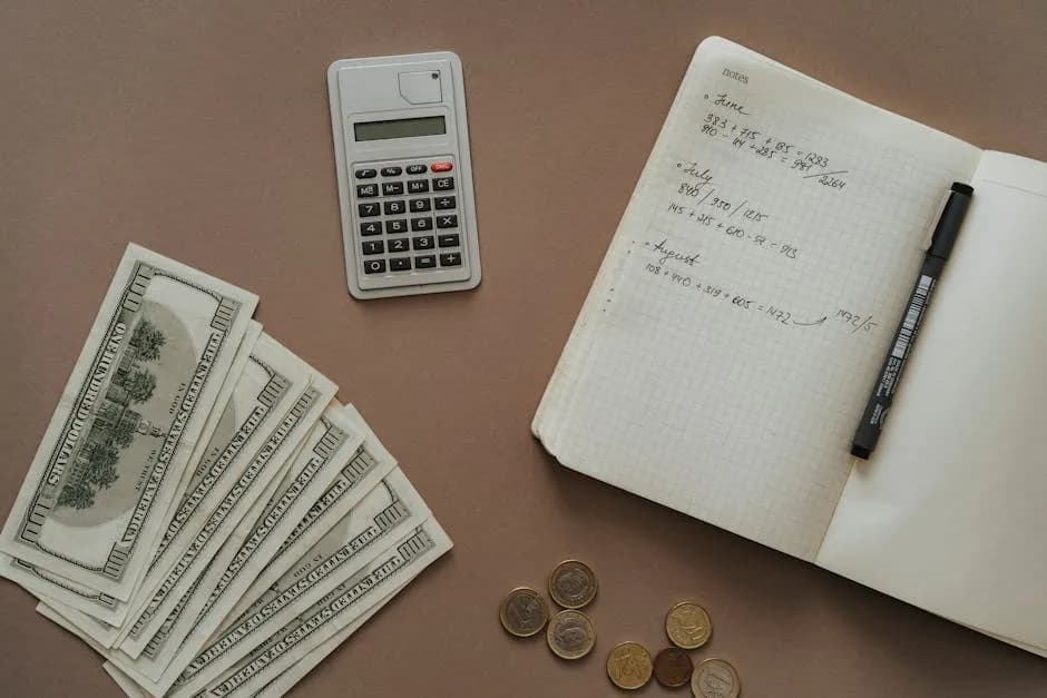 Calculator, notebook, and US dollars for financial planning