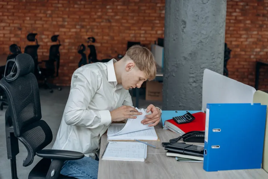 Business professional analyzing paperwork in a modern office